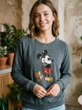 Disney Mickey Mouse Sequin Pullover Sweatshirt Heather Gray Size Large